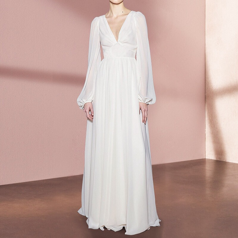 Cross-border Hot-selling Fairy White dress Women's Elegant Long Dress V-neck Dress Vintage Long Dress