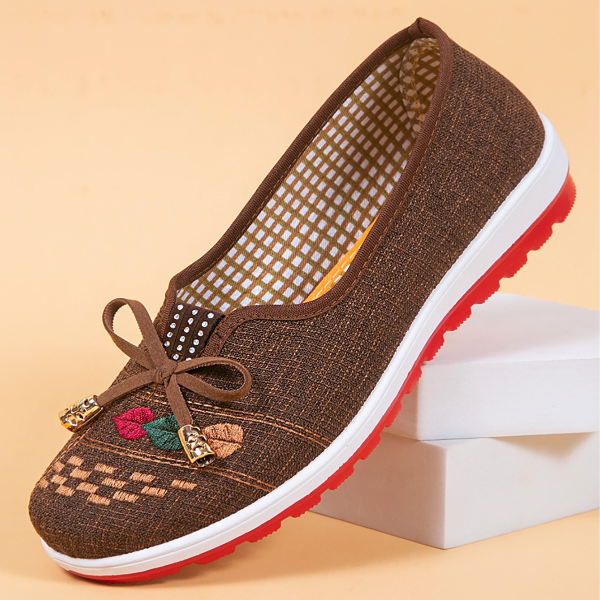 2024春季布鞋女春秋季新款软底防滑妈妈鞋平底一脚蹬懒人鞋蝴蝶结