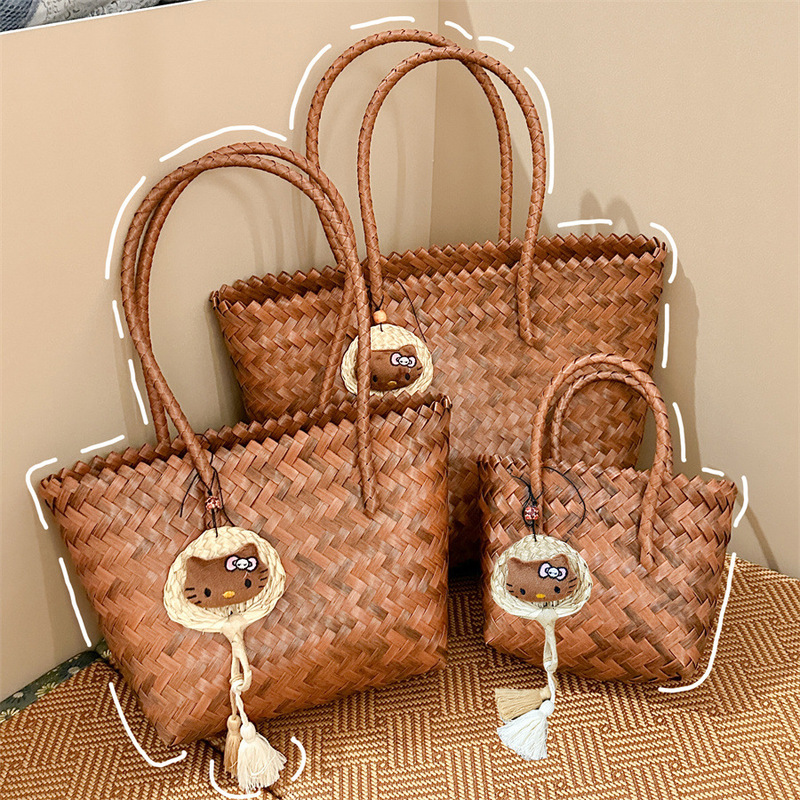 New Chinese Style, Easy to Match, Pure Hand-Woven Vegetable Basket, Retro Brown Rattan Bag, Portable Tote Bag, Large Capacity