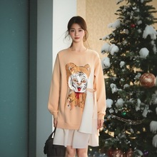 63066清仓特价 大码女装卡通印花连衣裙秋季款假两件式拼接卫衣裙