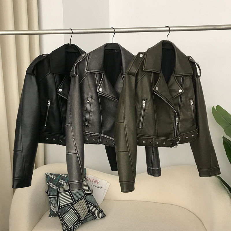 Women's Spring and Autumn Women's New Lapel Short Jacket Style Motorcycle Fashion Casual European and American Style Slim Leather Jacket