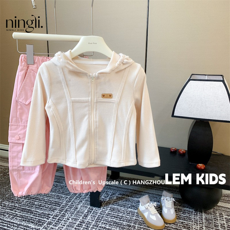 Ningli Set Spring and Autumn Korean Style Girls' Hooded Sweatshirt Zip-Up Jacket Cargo Pants Girls' Spring Outfit Trending Words