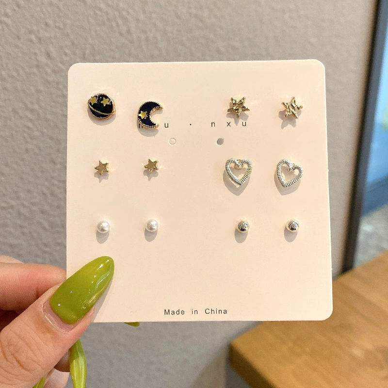 Earrings set, small elegant studs 2–12 pcs, pearl and charming motif designs