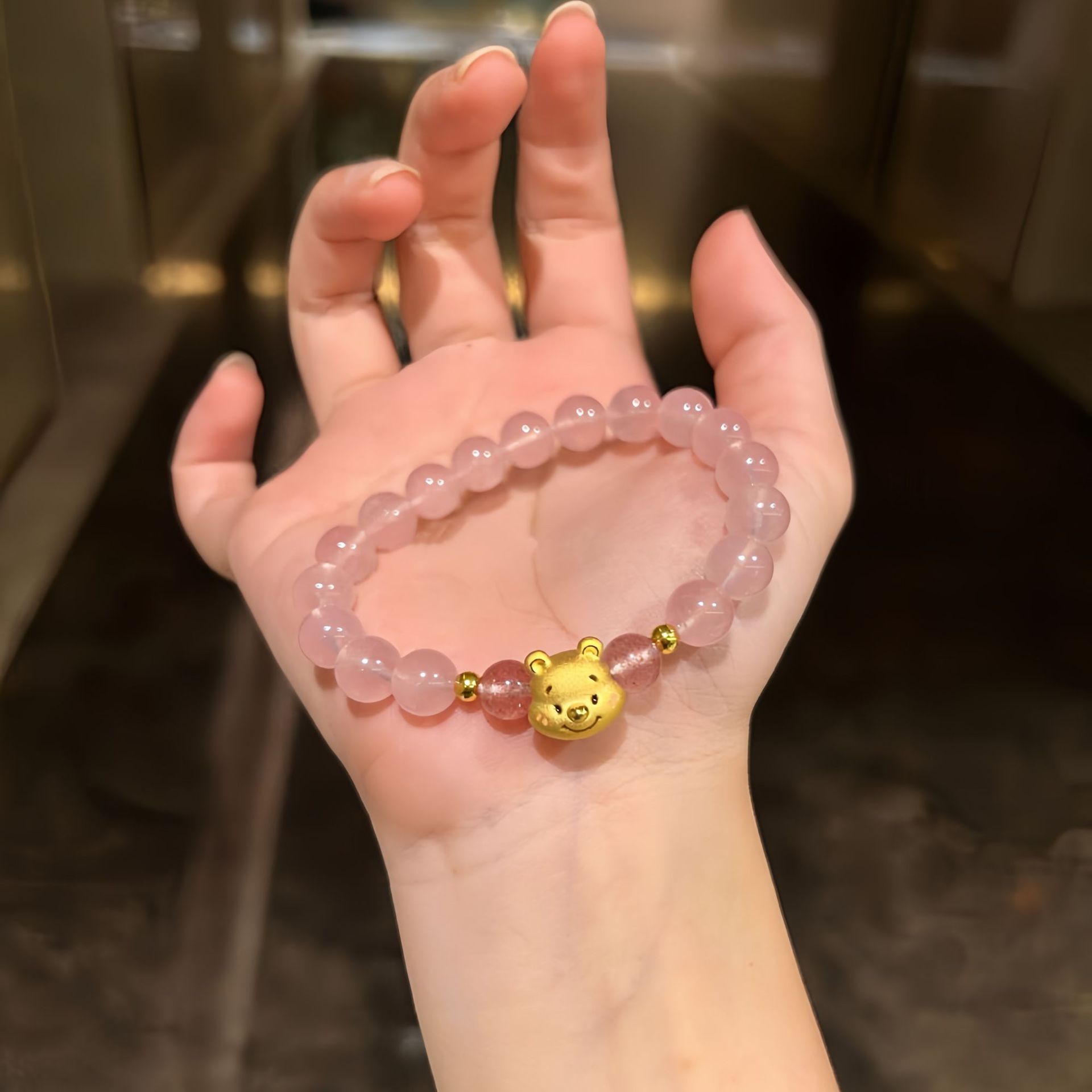维尼熊天然粉水晶手串沙金配件手链女甜美小清新转运送女友礼物