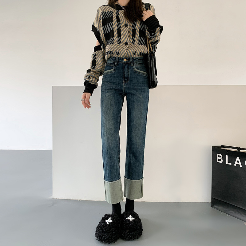 2025 Black Curled Straight-Leg Jeans Women's High Waist Autumn New Slim Nine-Point Cigarette Pipe Pants Trendy Spring and Autumn 2025 Black Curled Straight-Leg Jeans Women's High Waist Autumn New Slim Nine-Point Cigarette Pipe Pants Trendy Spring and Autumn