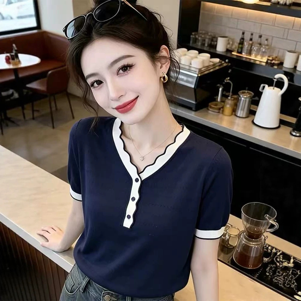 Áo thun nữ cổ V phối màu tay ngắn thiết kế dệt kim — Xanh navy chi tiết 4