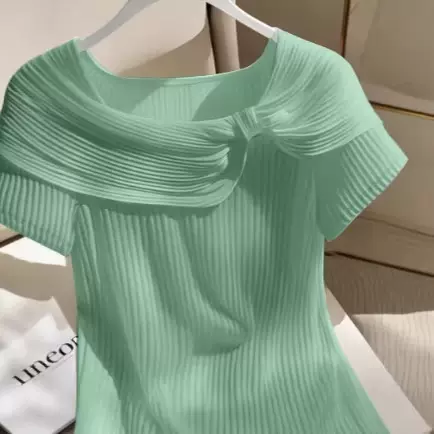 亚马逊外贸跨境欧美大码女装圆领抽褶显瘦设计短袖T恤特大码