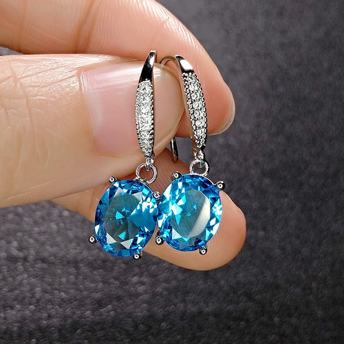 Cross-border supply wholesale imitation aquamarine ear hooks temperament egg-shaped sapphire earrings inlaid with zircon aquamarine ear hooks