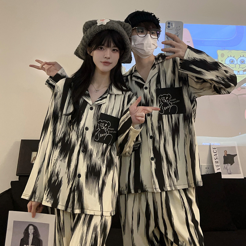 Vintage Ink Style Bear Cartoon Pajamas Women's Spring and Autumn Long Sleeve Couple's Two-Piece Suit Men's Striped Home Clothes