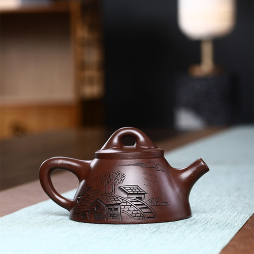 Engraved Jiangnan Overlord Stone Ladle Pot Yixing Purple Clay Pot Original Mine Old Purple Clay Handmade Teapot Tea Set Gifts Wholesale Delivery