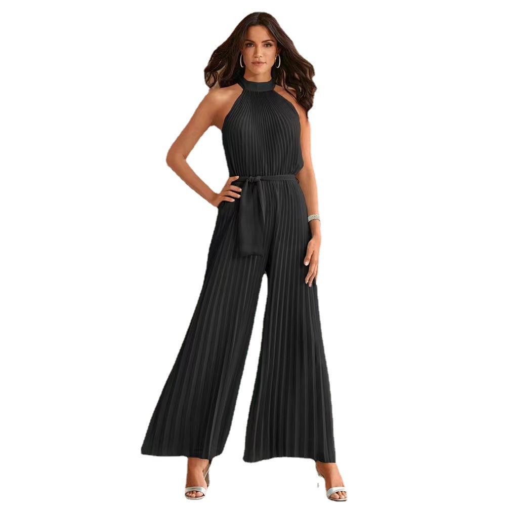 2022 pantalones de una pieza plisados sin mangas halter sexy de verano para mujer nueva, pantalones de pierna ancha plisados delgados con cordones
