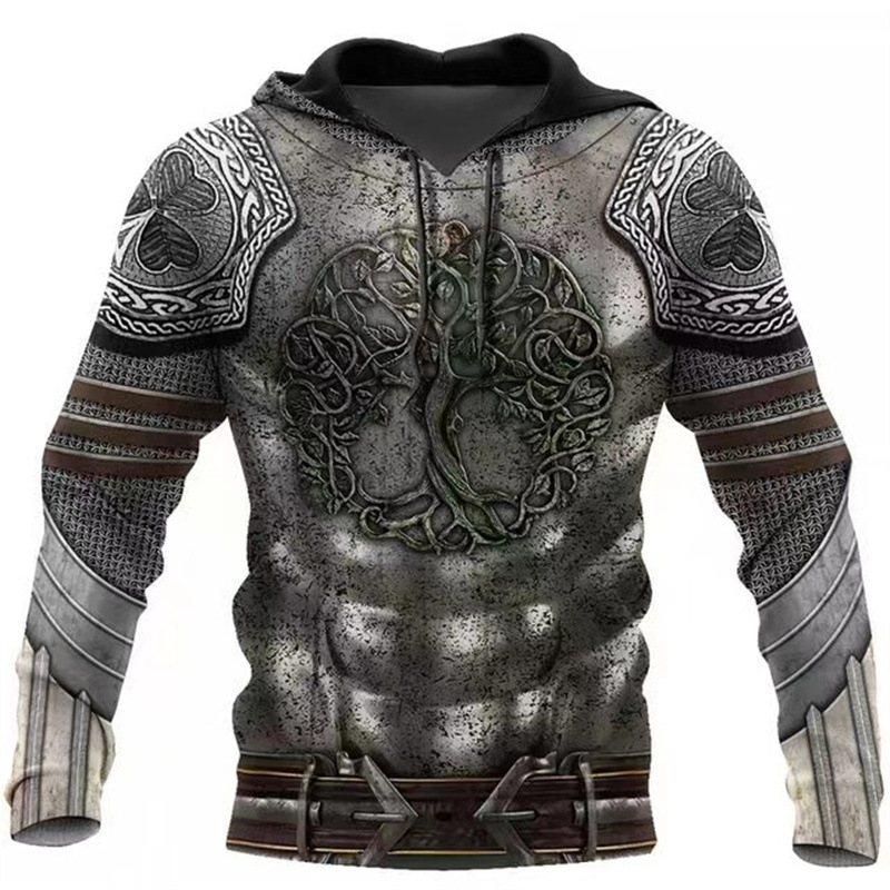 2024 Europa y América Primavera y otoño Moda nuevos hombres Viking Myth Series Cool Armor Print 3D Sudadera con capucha