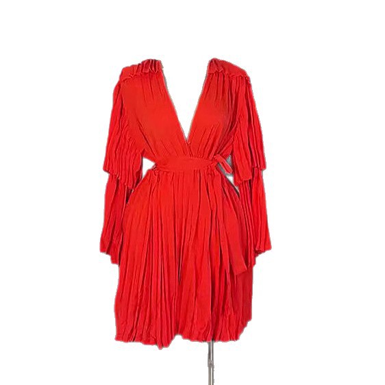 Summer New Arrival Women's Clothing Solid Color Fashion Dress V Neck Chiffon Pleated Tie Batwing Sleeve American Style_ecoleips.com