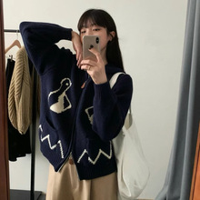 复古卡通企鹅提花双拉链连帽针织开衫女秋冬宽松减龄软糯毛衣外套