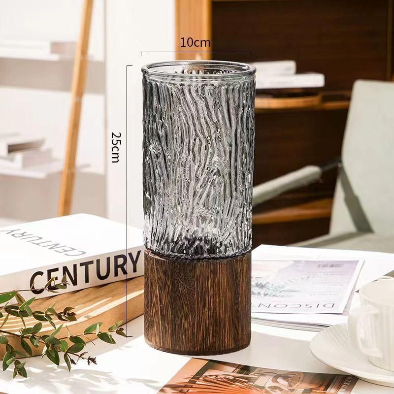 Florero de vidrio con soporte de madera de lujo ligero, decoración de flores hidropónicas, sala de estar de bambú rico, decoración de arreglos florales al por mayor