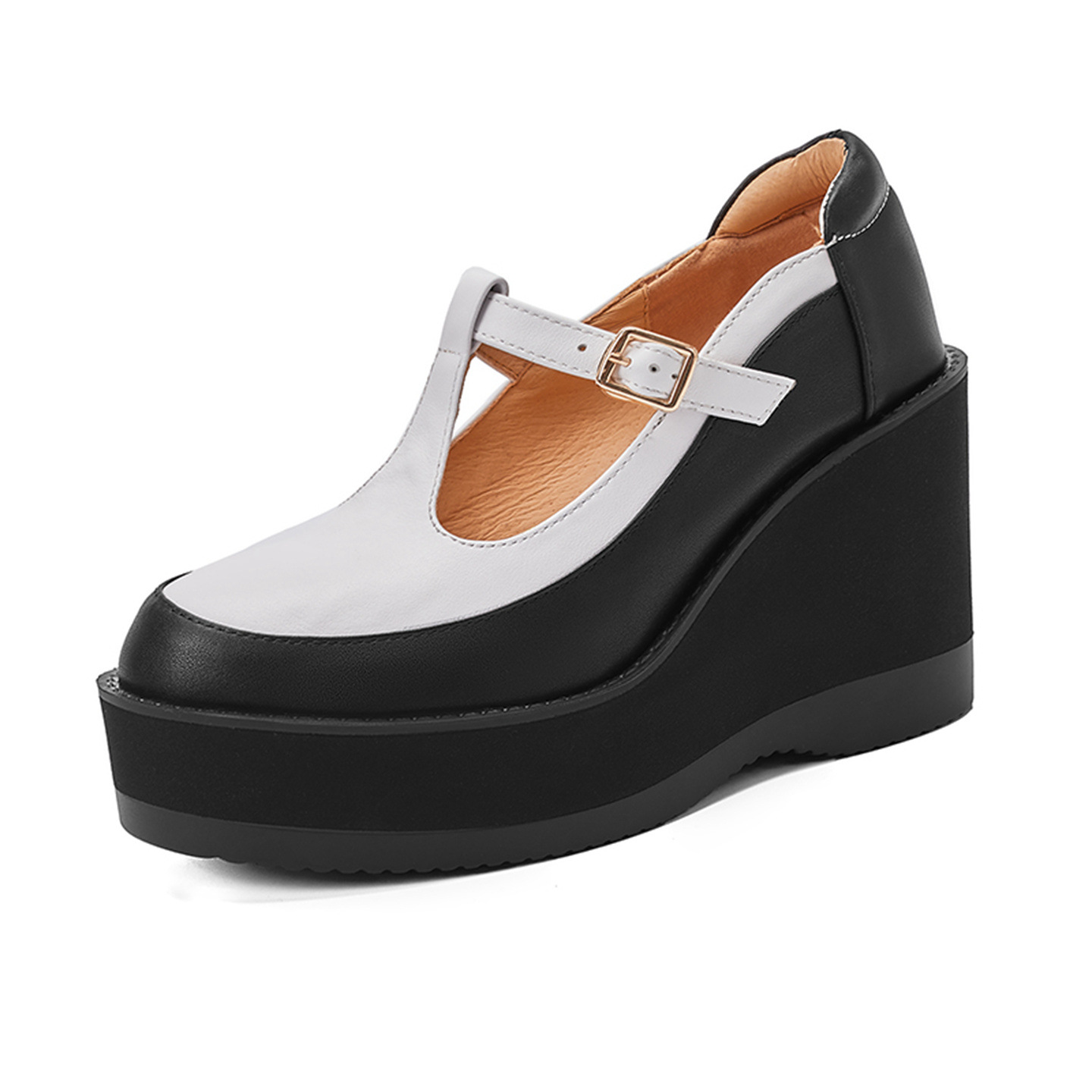 Giày Mary Jane nữ đế xuồng gót cao 9.5 cm khóa chữ T phối màu retro — nâu chi tiết 17