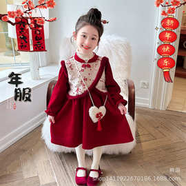 女童连衣裙冬季儿童红色喜庆宝宝秋冬过年服新年拜年服公主裙子潮
