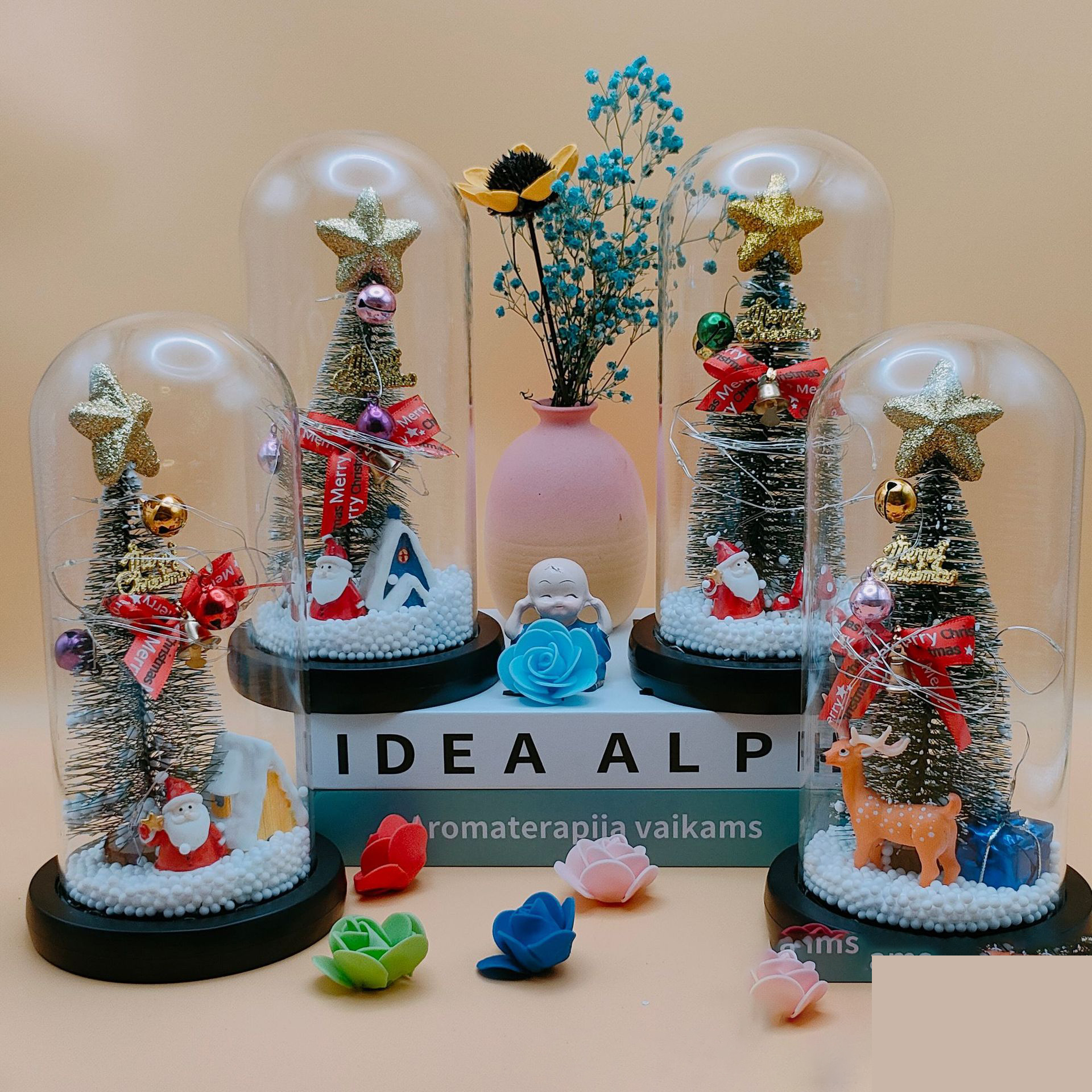 Lámpara de cristal con flores preservadas, rosa artificial brillante, árbol de Navidad, día de San Valentín, Papá Noel, reno, adorno navideño creativo