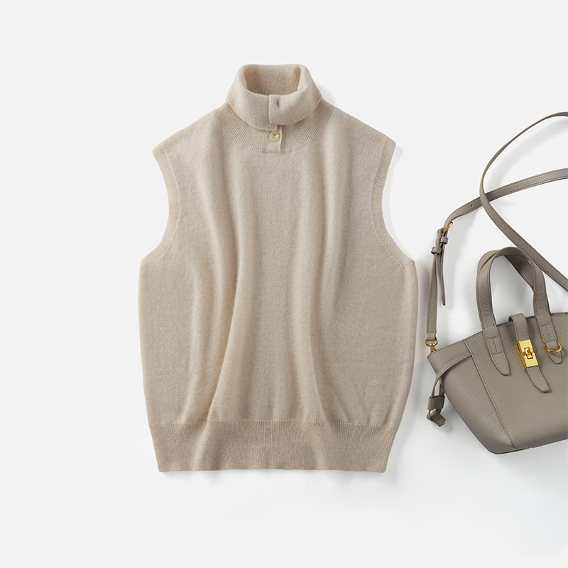 Sqn Same Style Design High Collar Lapel 100% Cashmere Knitted Vest Women's Autumn and Winter New Layered Sweater Vest
