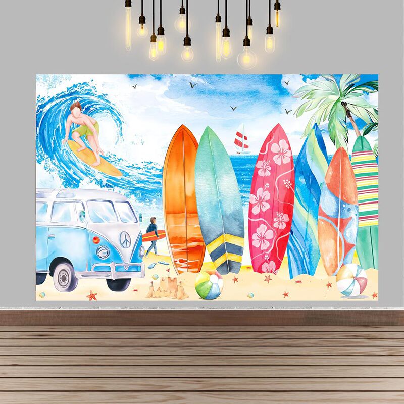 Aliexpress Watercolor Tropical Beach Surfboard Photography Background Cloth Summer Surfing Theme Party Background Cloth Wholesale