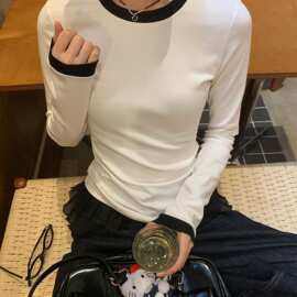 白色长袖内搭t恤女早秋单穿修身打底衫上衣图片色无袖有吊牌磨毛