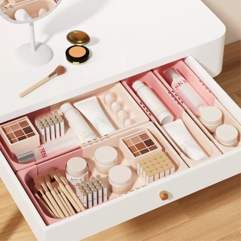 网红可伸缩抽屉收纳盒分隔杂物桌面化妆品香水厨房餐具文具整理盒
