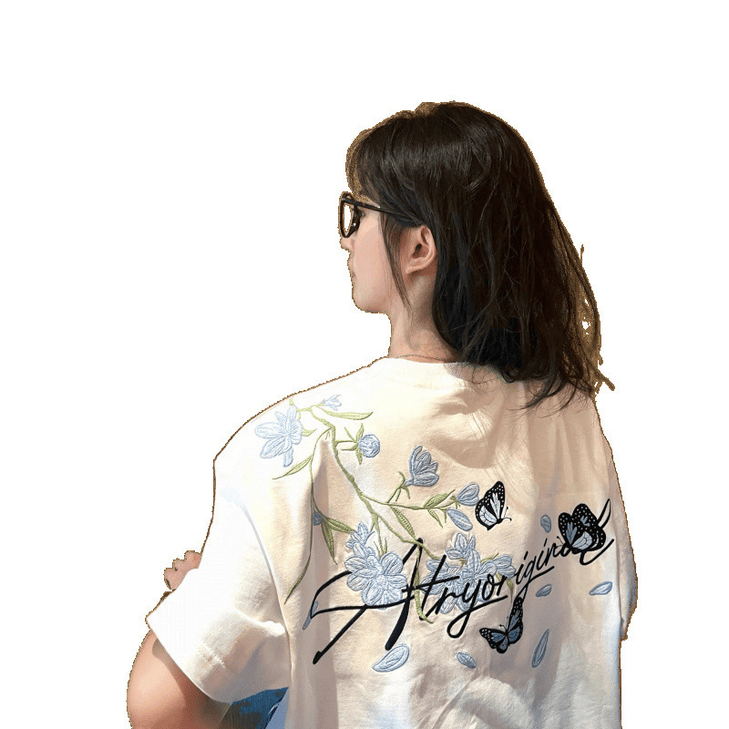 2025 夏の新蝶文字花刺繍ハイエンド半袖 Tシャツ女性の純綿ヘビーカップルトレンディなブランド|undefined