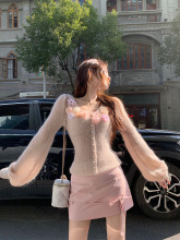 韩系立体花朵粉色针织开衫女春季超好看内搭打底毛衣短款绝美上衣