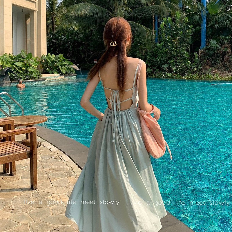 Yunnan Travel Dress Design Suitable for Seaside Photography Sexy Exposed Big Back Strap Strap Long Dress Summer