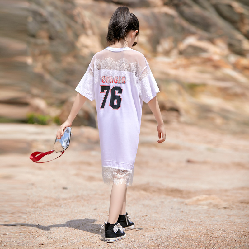 Vestido de las niñas encaje verano nuevo estilo coreano vestido de camiseta para niños medianos y grandes Vestido de manga corta de estilo occidental para niños medianos y grandes verano