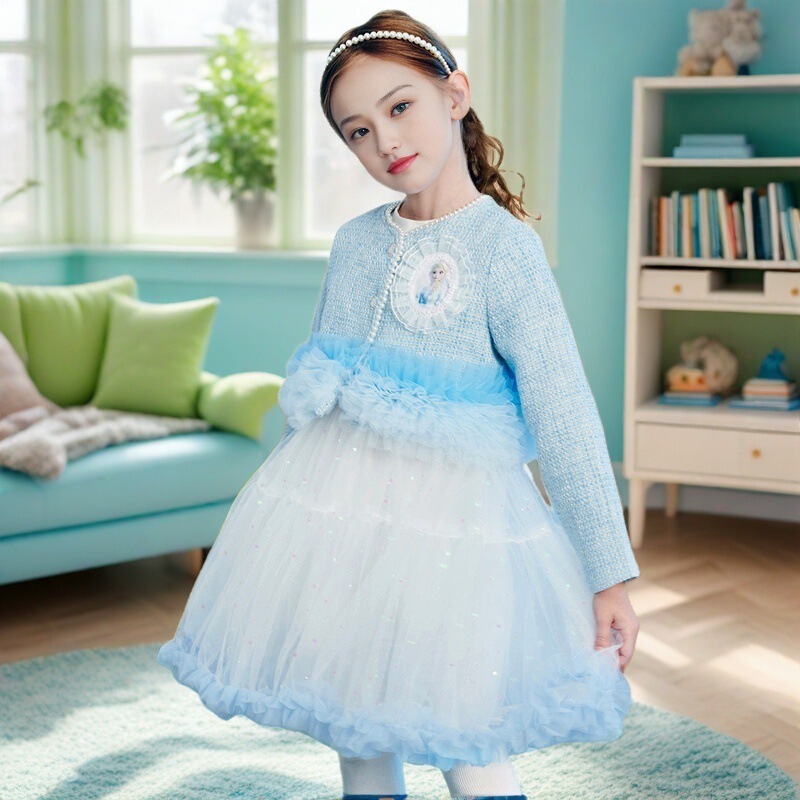 Girls Aisha Princess Dress Spring and Autumn New Little Fragrance Two-Piece Set Little Girl Dress Children's Elsa Dress