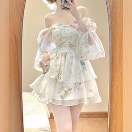 法式碎花裙女2024秋季新款时尚女装甜美泡泡袖辣妹初恋茶歇连衣裙