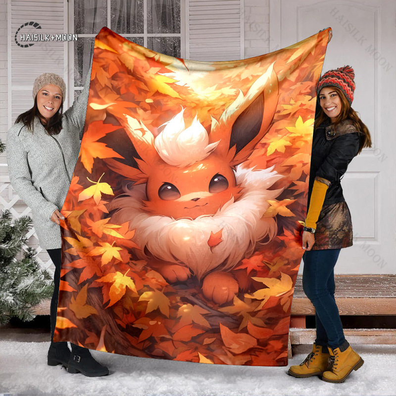 Japanese Anime Pokémon Evolution Umbrella Cartoon Print Flannel Office Soft Fluffy Shawl Blanket