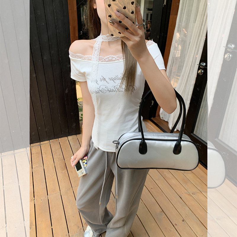 1*1 Modal Sweet and Spicy Style Spliced ​​Lace One-Shoulder T-Shirt Women's Summer Letter Printed Short-Sleeved Easiest for Match Top