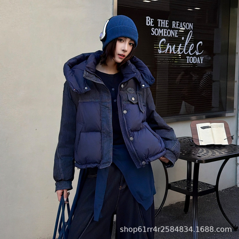 Korean-style relaxed striped patchwork down jacket, hooded, loose-fitting, slimming, thickened, warm puffer coat