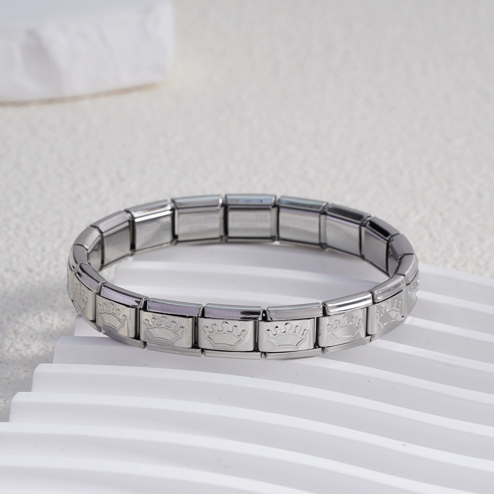 stainless steel bracelet, removable elastic link watch strap, italian european style, assorted charms