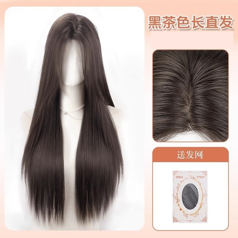 Hand-woven straight hair parted in the middle forehead [brown black] + hair net