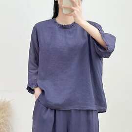 文艺休闲T恤衫2026夏季新款气质女灯宽松遮肚上衣女花边木耳领