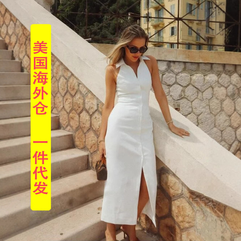 European and American Women's Fashion New Summer Style Slit Long White Dress with Lapel Collar, Sleeveless, Front Buttoned Dress, Overseas Warehouse European and American Women's Fashion New Summer Style Slit Long White Dress with Lapel Collar, Sleeveless, Front Buttoned Dress, Overseas Warehouse