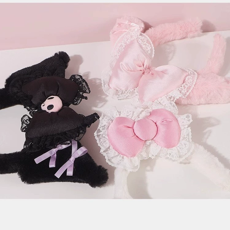 Ободок (Hello Kitty) плюшевый бант, детский демисезонный аксессуар для волос с кружевом, 3 цвета
