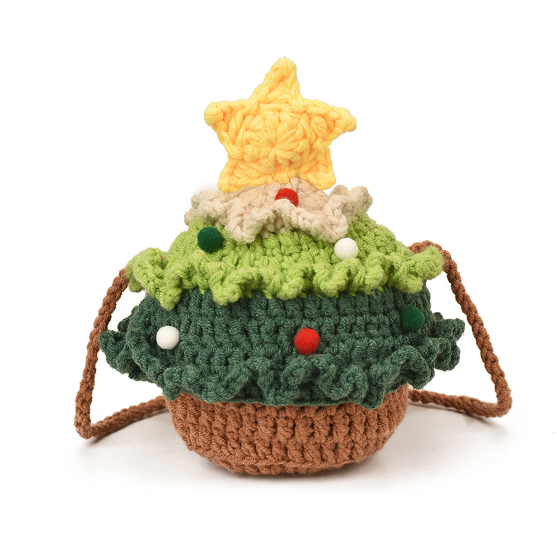 Hand-hooked bolsas de hombro para niños y niñas, dibujos animados lindos bolsas de lana de árbol de Navidad 2025 otoño y invierno nuevas bolsas para niños