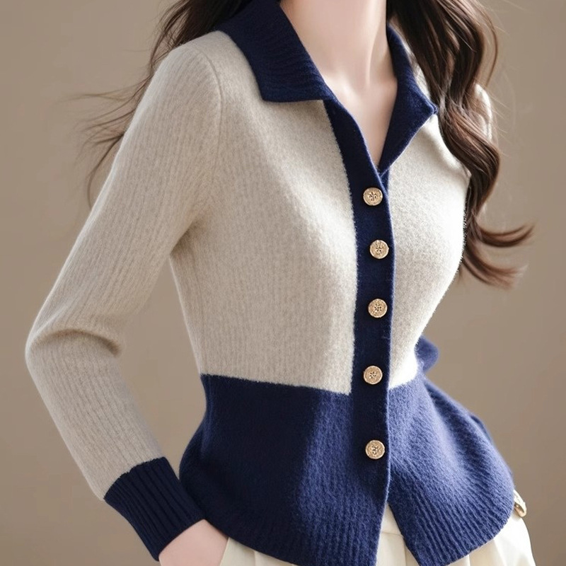 Cross-Border Autumn and Winter French-Style Exquisite and Beautiful Color-Blocked Lapel Slim-Fit Long-Sleeve Knitted Cardigan, Stylish and Versatile Inner Layer Top Cross-Border Autumn and Winter French-Style Exquisite and Beautiful Color-Blocked Lapel Slim-Fit Long-Sleeve Knitted Cardigan, Stylish and Versatile Inner Layer Top