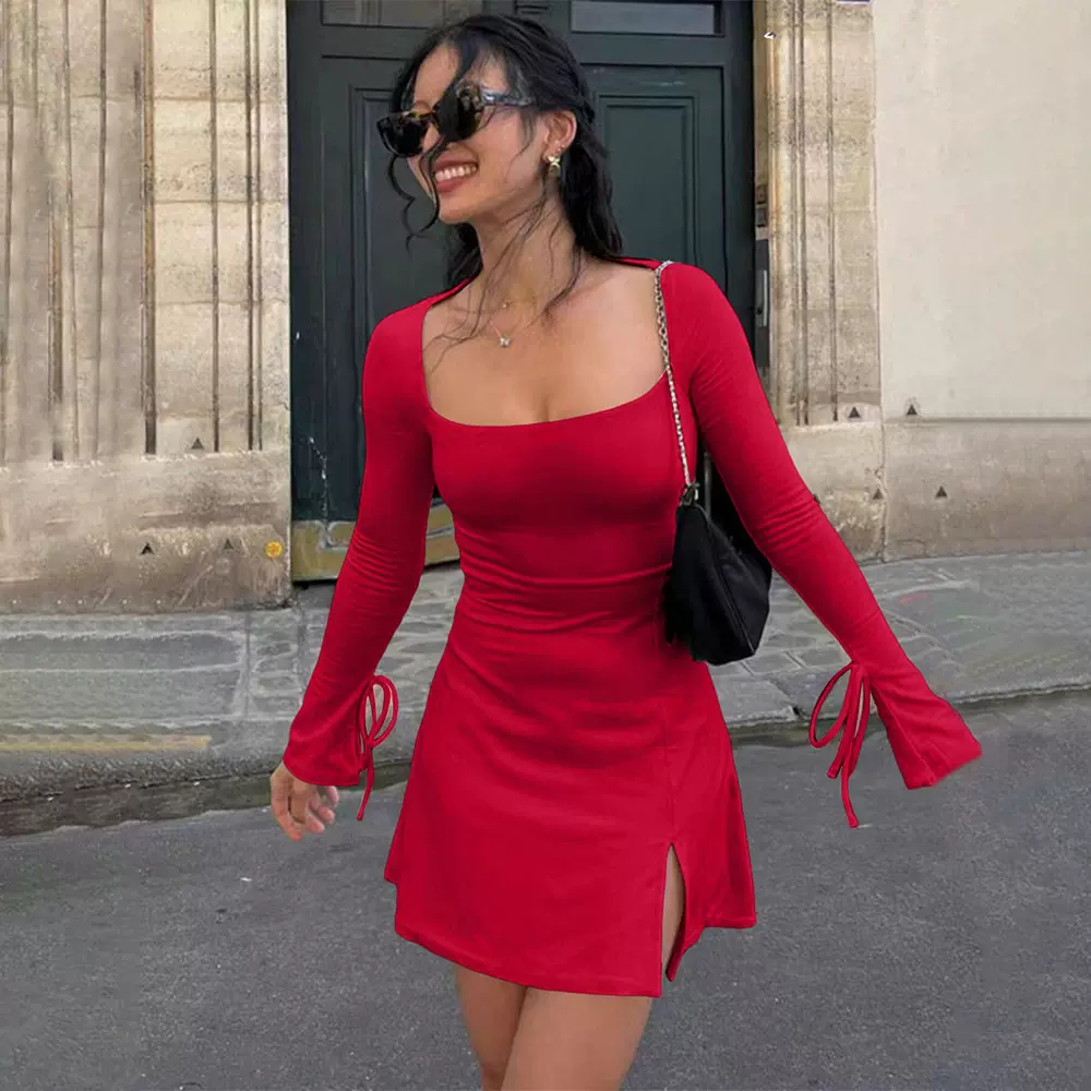 亚马逊跨境欧美小香风方领红色连衣裙秋冬高腰百搭A字开叉短裙女