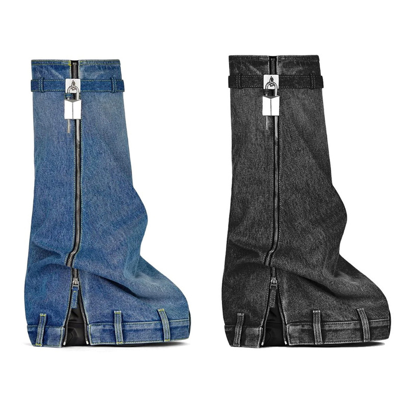 25 New Foreign Trade Thick-Soled Denim Tube Boots Round-Toe Shark Boots Large Size Knee-High Belt Buckle Wedge Heel Women's Shoes 25 New Foreign Trade Thick-Soled Denim Tube Boots Round-Toe Shark Boots Large Size Knee-High Belt Buckle Wedge Heel Women's Shoes
