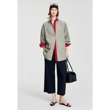 文九 设计感色织格纹撞色纯棉翻领分割线设计宽松廓形衬衫女1029