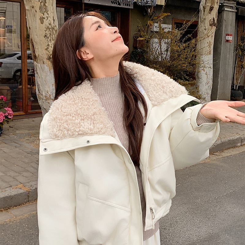 2025 nueva ropa de algodón de piel de cordero universal mujer corta ropa de algodón de pluma de cordero invierno chaqueta de algodón de cuello de flip