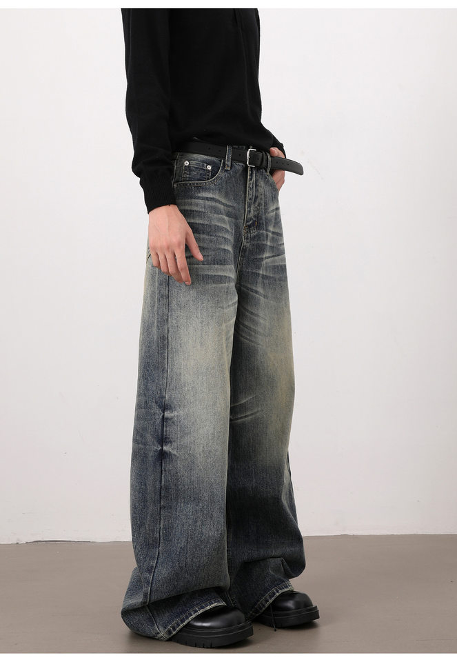 Quần jeans nam dáng chữ A ống rộng phong cách retro, râu mèo nổi, lưng vừa, dài ống suông — Màu xanh dương chi tiết 12