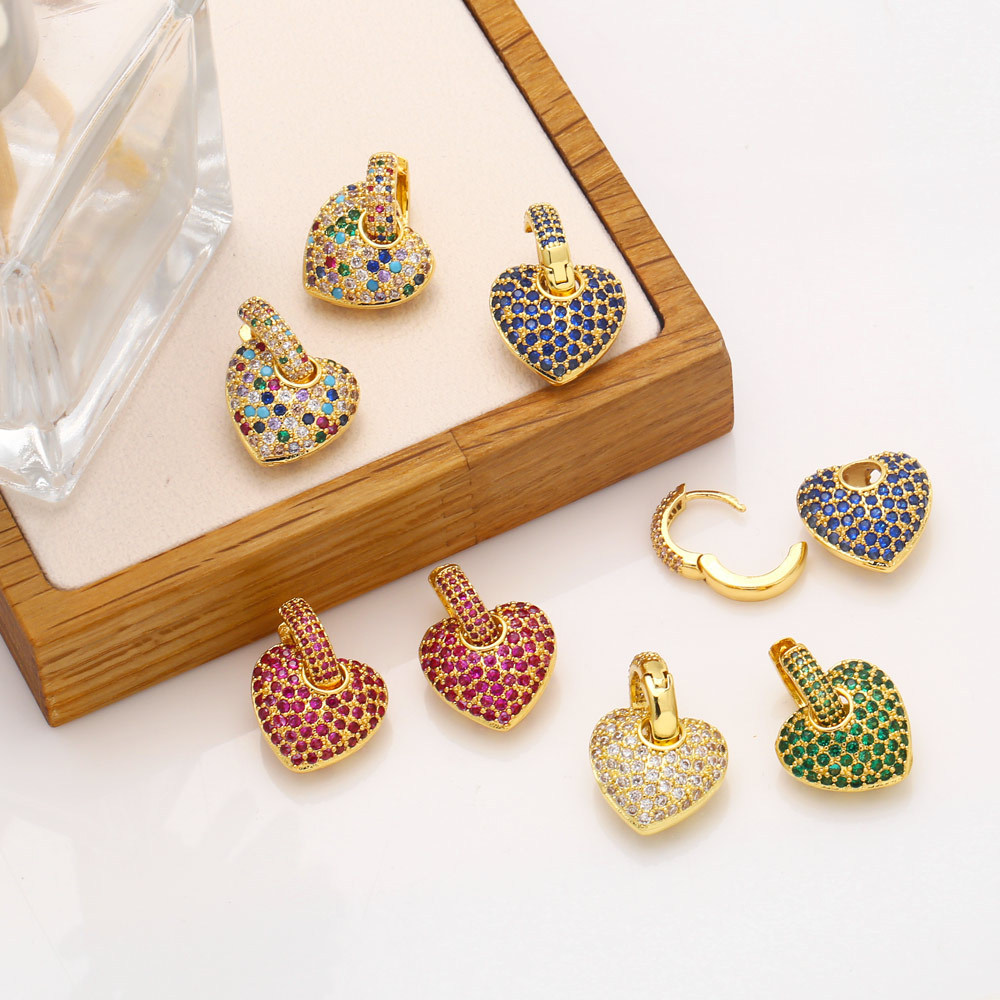 Women'S Gender Fashion Micro-inlaid Color Heart-shaped Zircon Copper Earrings