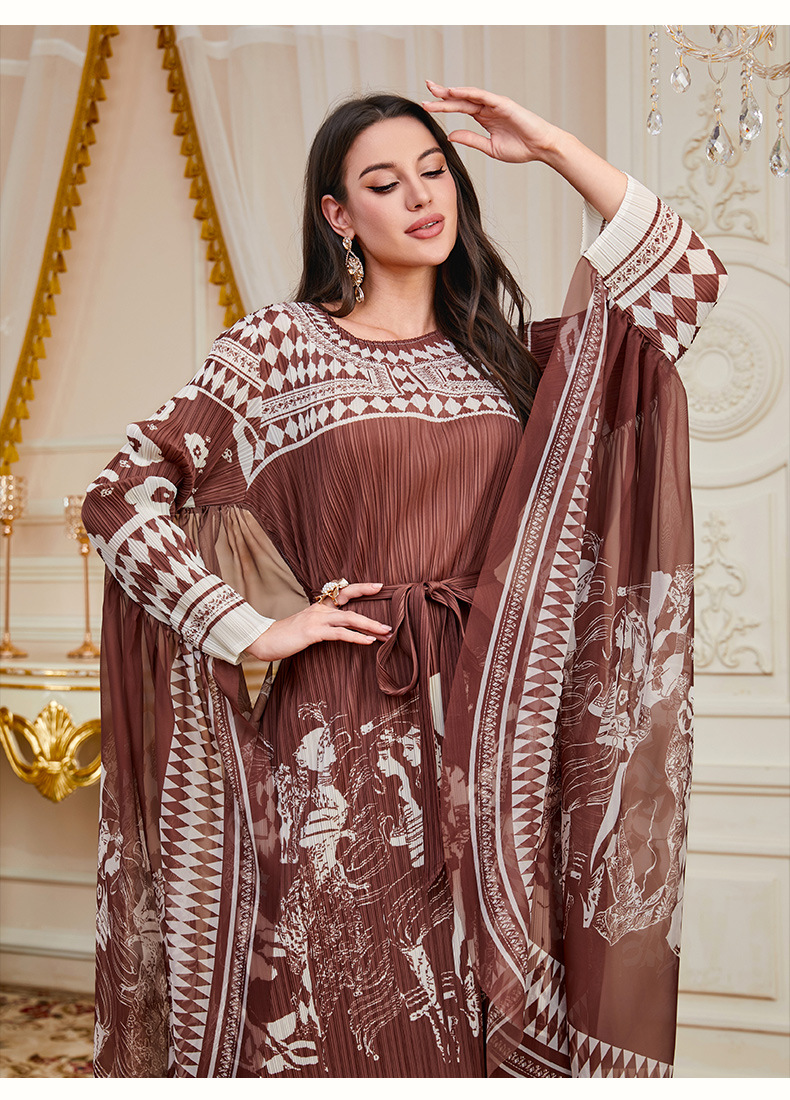 New Cross-border Pleated Printed Loose Bat-sleeve Heavy-duty Arabic Robe With Ties, Plus-size Elegant Dress For Women_ecoleips.com