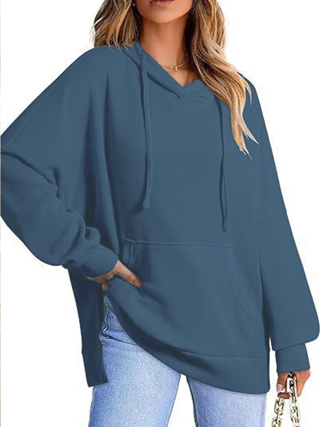 2025 Autumn and Winter Amazon Women's Hoodie Waffle Knitted Side Slit Pullover Sweatshirt with Pockets Long Sleeves